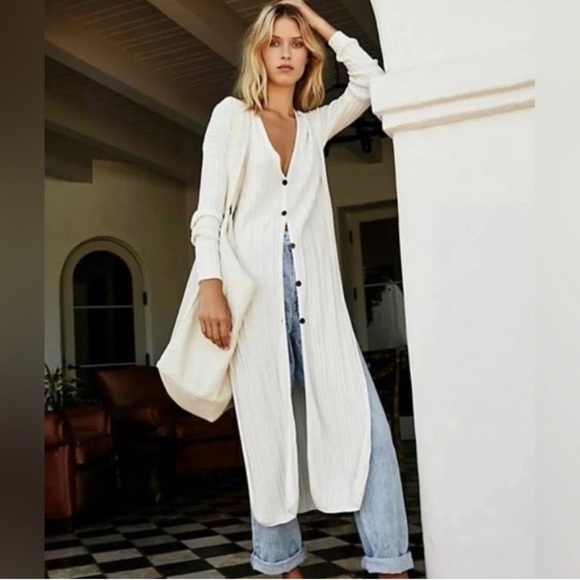 NWT! Free People Skinny Mini Ribbed White Cream Long Cardigan Duster Sweater S - Picture 1 of 9